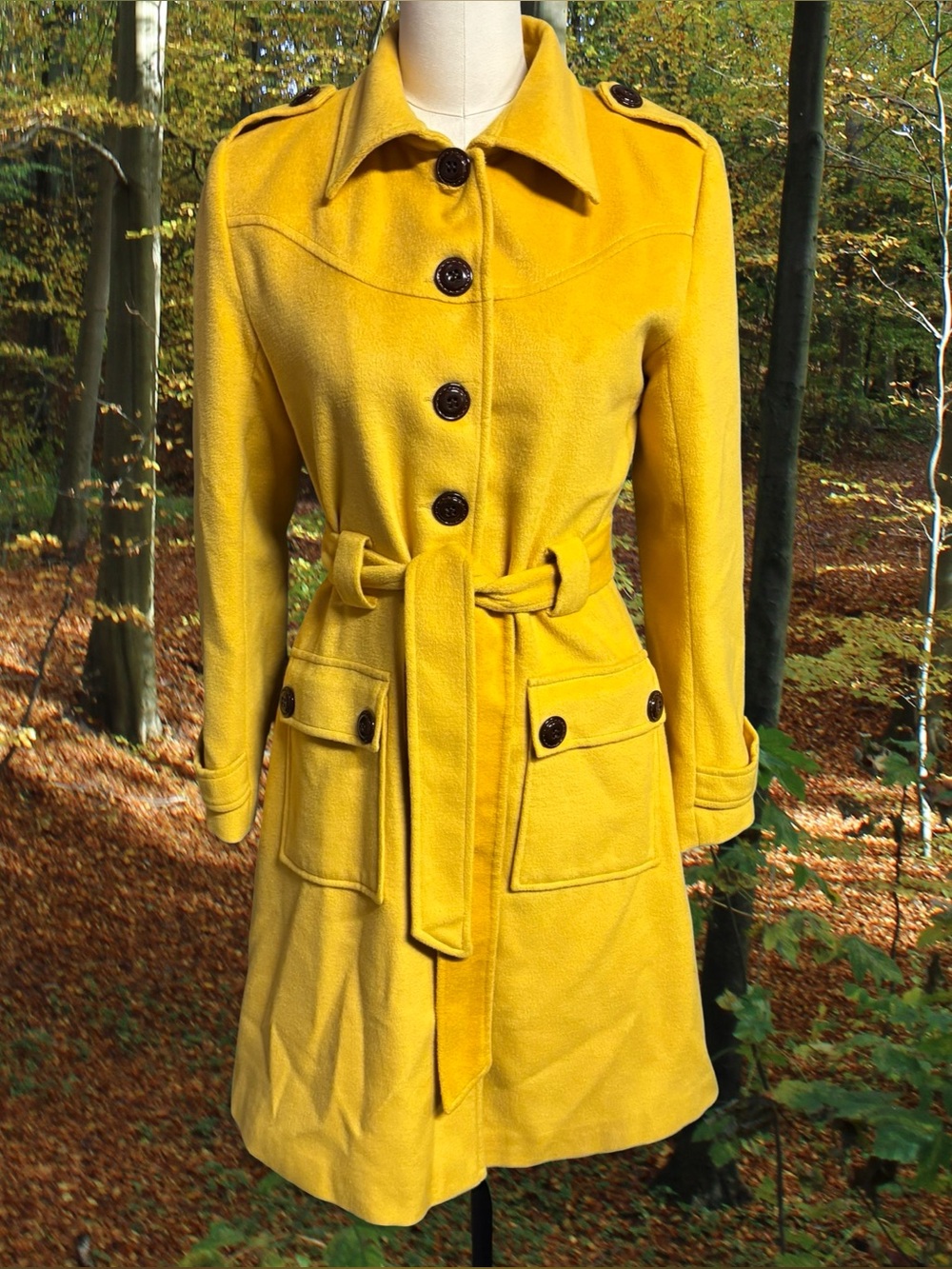 Pink Lady Mustard Yellow Wool Blend Belted Trench Coat Button Back Mod M